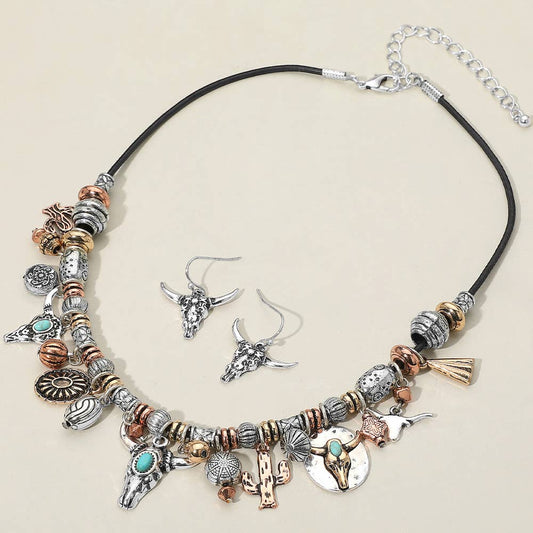 Antique Metal Western Steer Head Cactus Charm Necklace