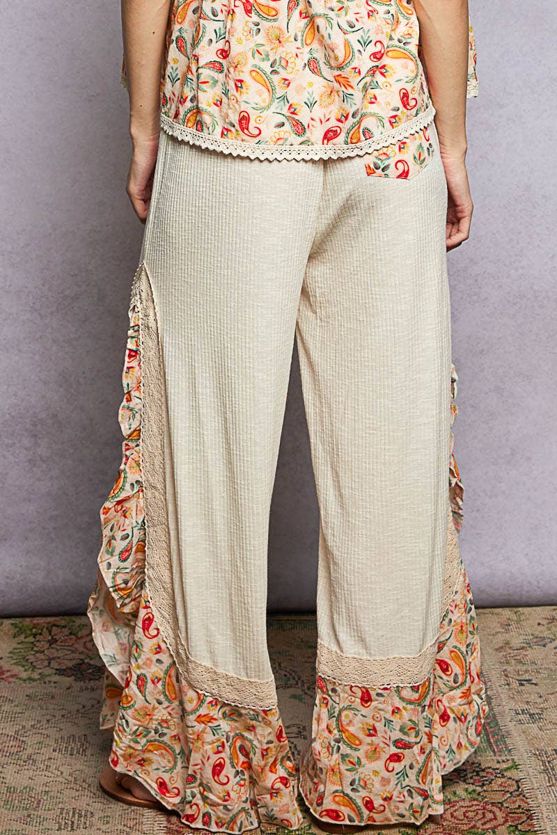 Floral Pattern Ruffle Detail Ribbed Knit Pants