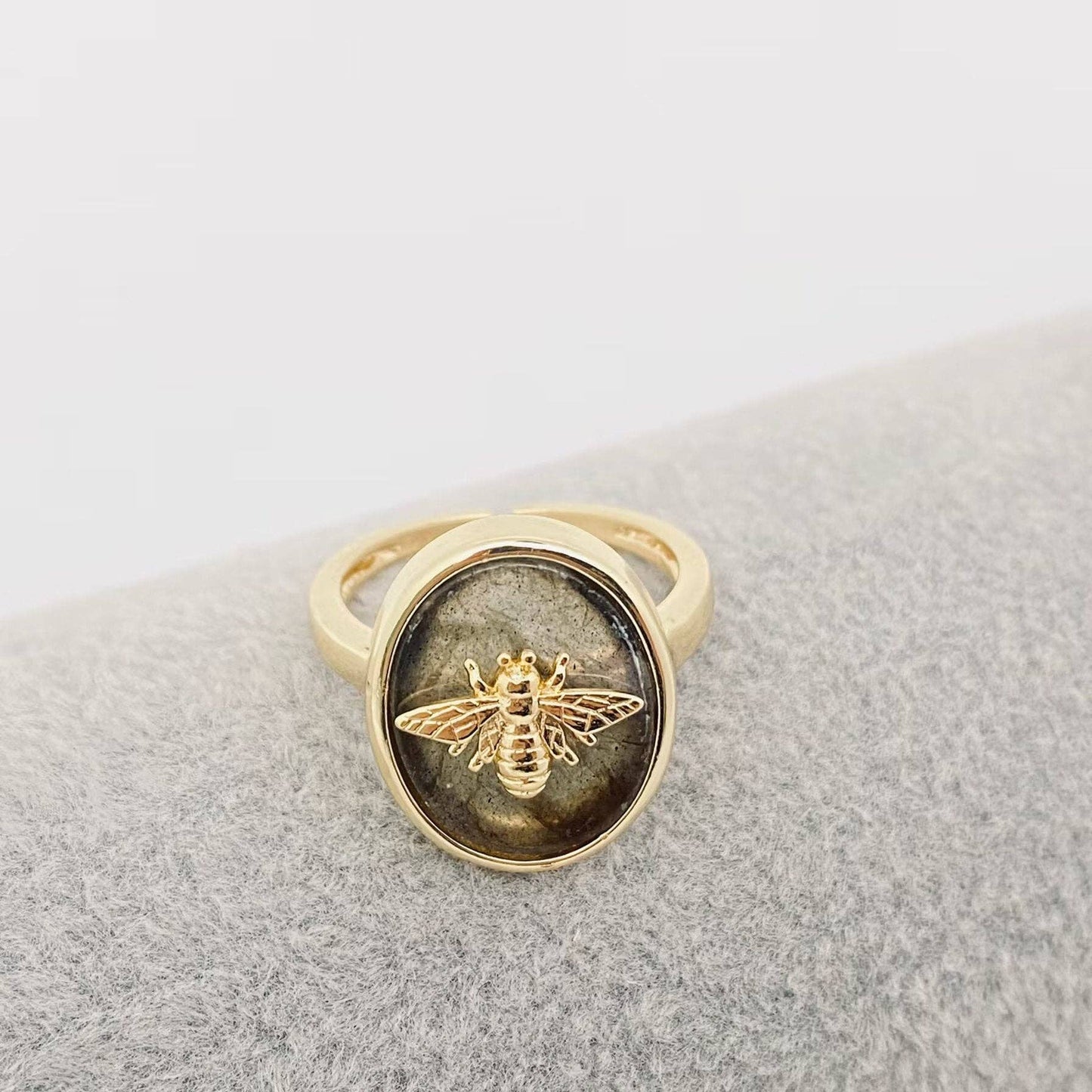 Natural Stone Golden Bee Opening Adjustable Ring - CS