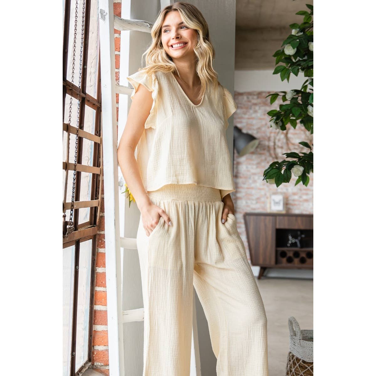 Ruffle Sleeve Linen feel Top and Pants Set