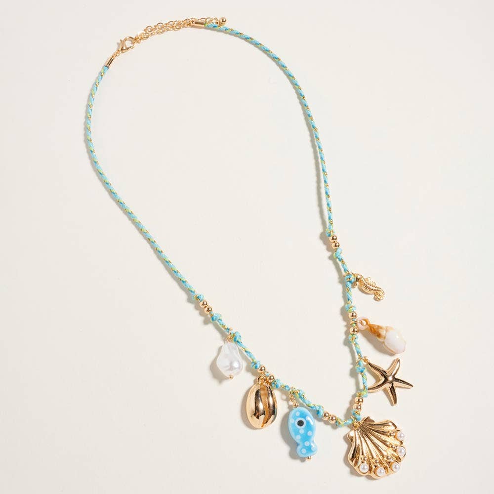 J5. Pearl Seashell Starfish Seahorse Charm Station Fabric Chain Twisted Necklace