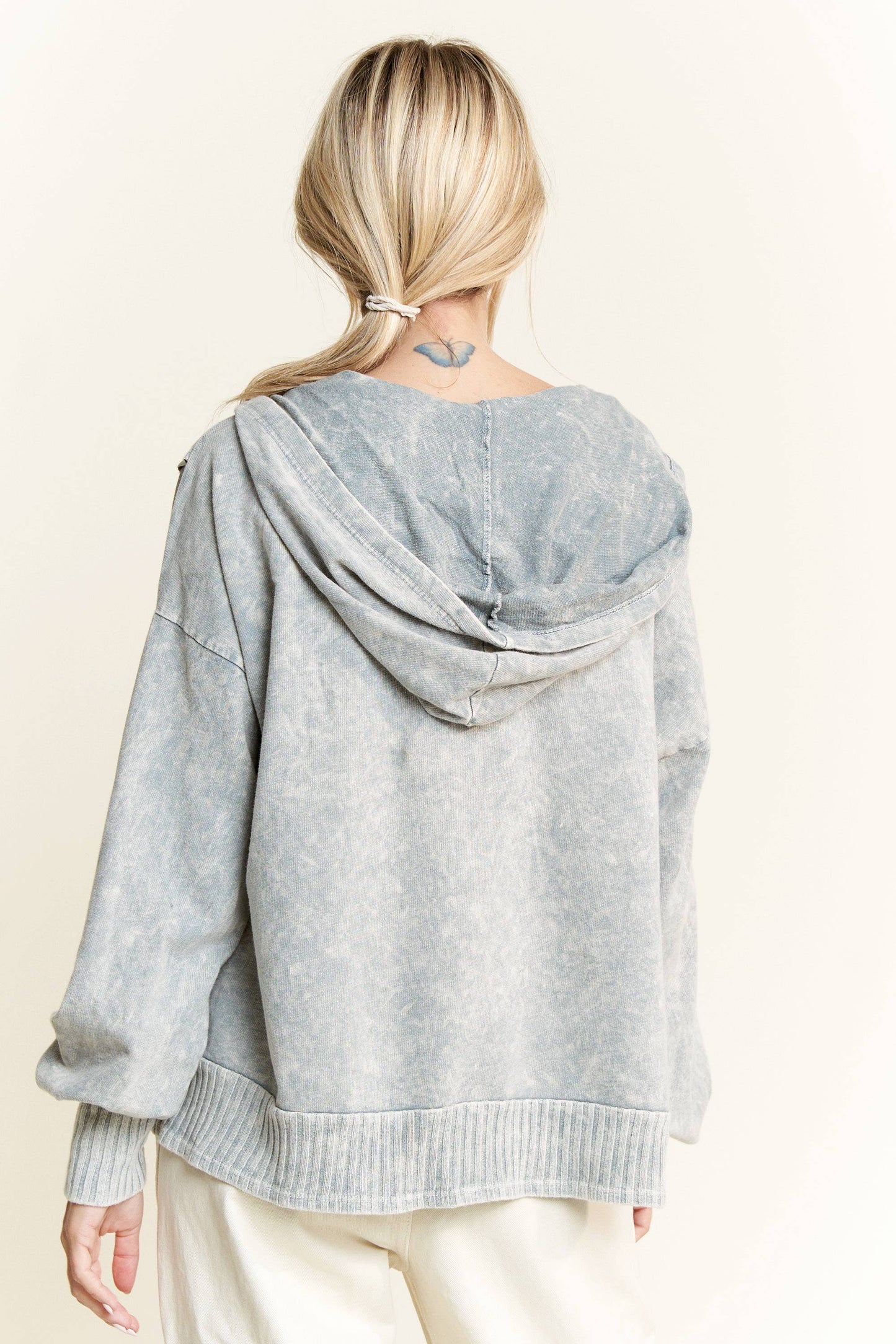 MineralWash Vneck Hoodie Sweatshirt with Thumbholes HT5958: Olive / S-M-L / 2-2-2