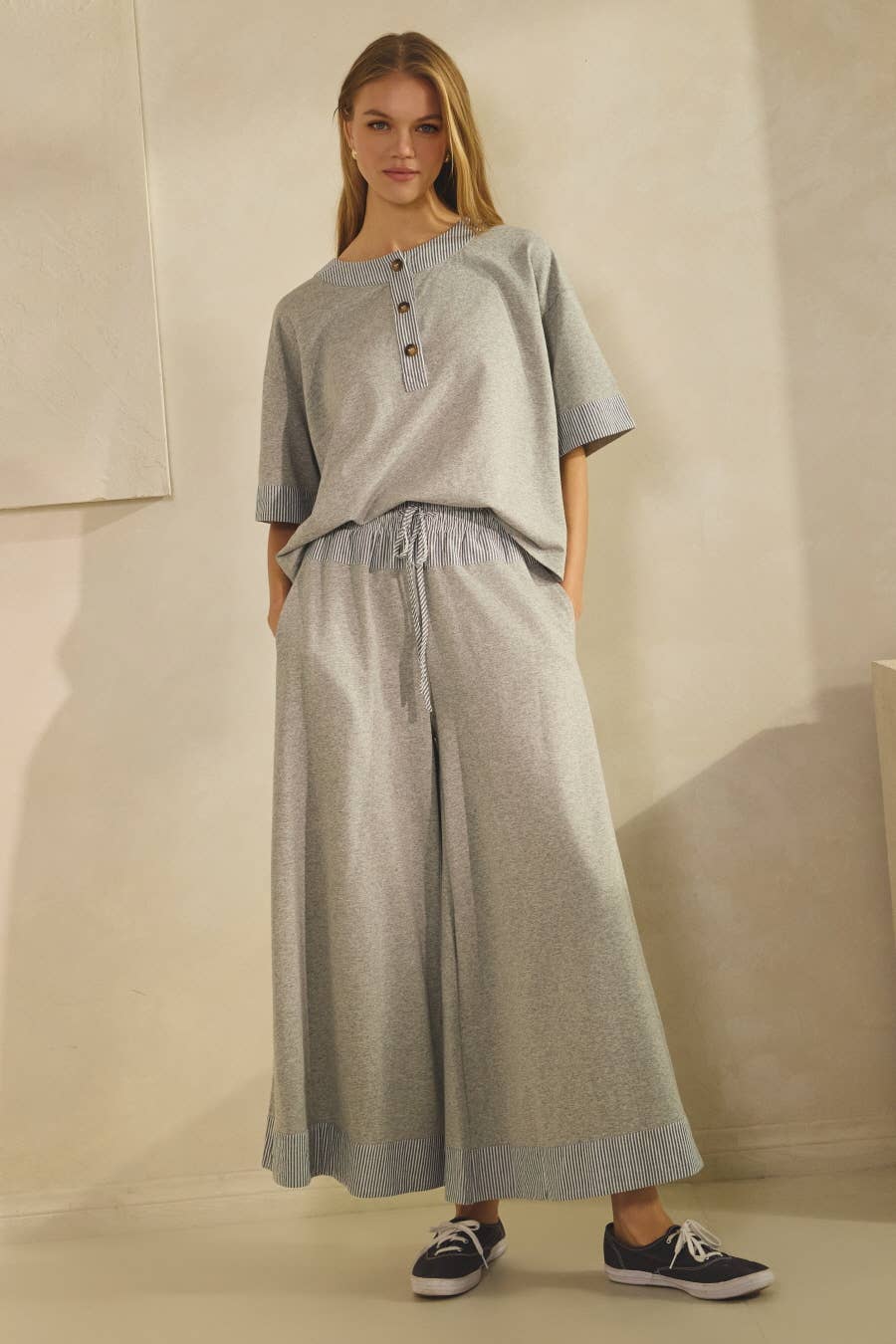 Oddi Contrast-trim Henley Top And Pants Set