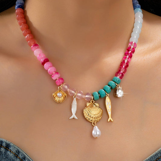 Nautical Multi-Color Beaded Gold Plated Charm Necklace