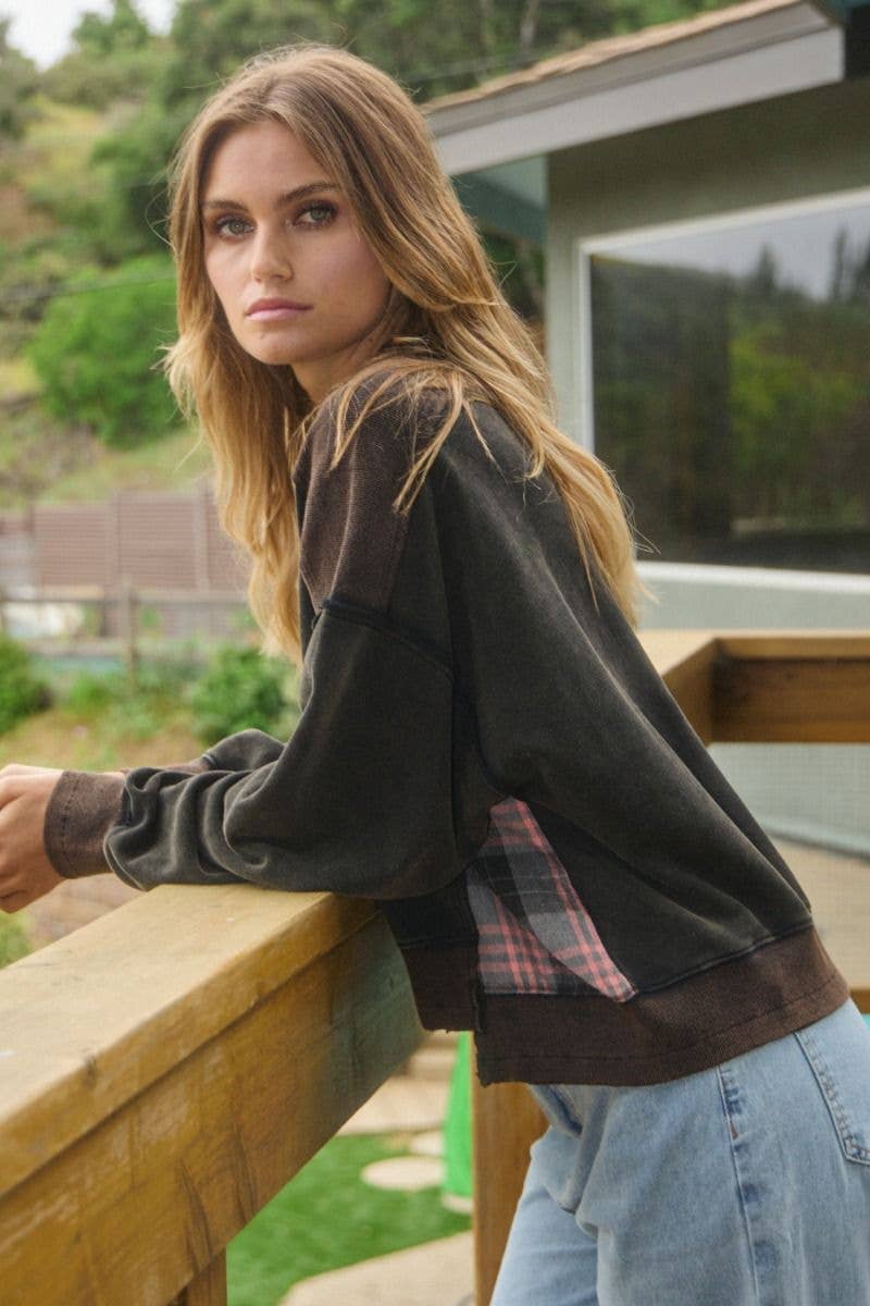 Acid Washed Plaid Sweatshirts: Washed Black / L