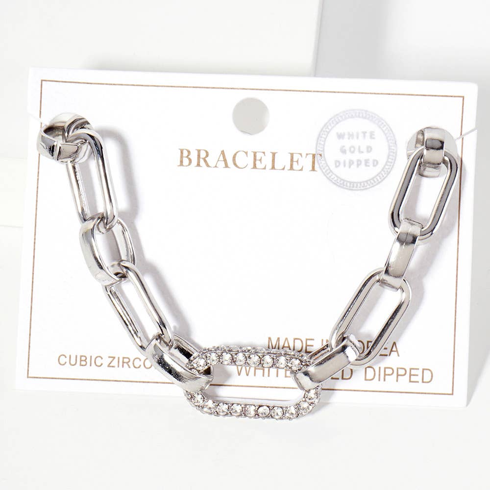 Gold Dipped CZ Stone Paved Oval Ring Link Chain Bracelet