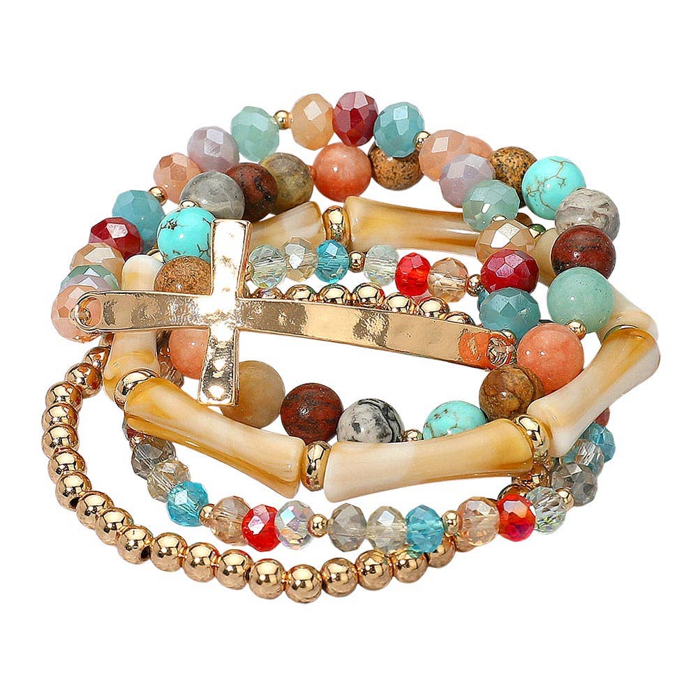 5PCS - Metal Cross Accent Resin Bamboo Bar Faceted Beaded Stretch Multi Layered Bracelets