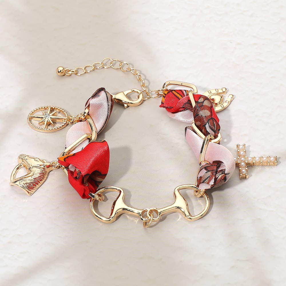 Horsebit Link Center Horse Horseshoe Pearl Cross Starburst Charm Station Fabric Bracelet: Gold,Red