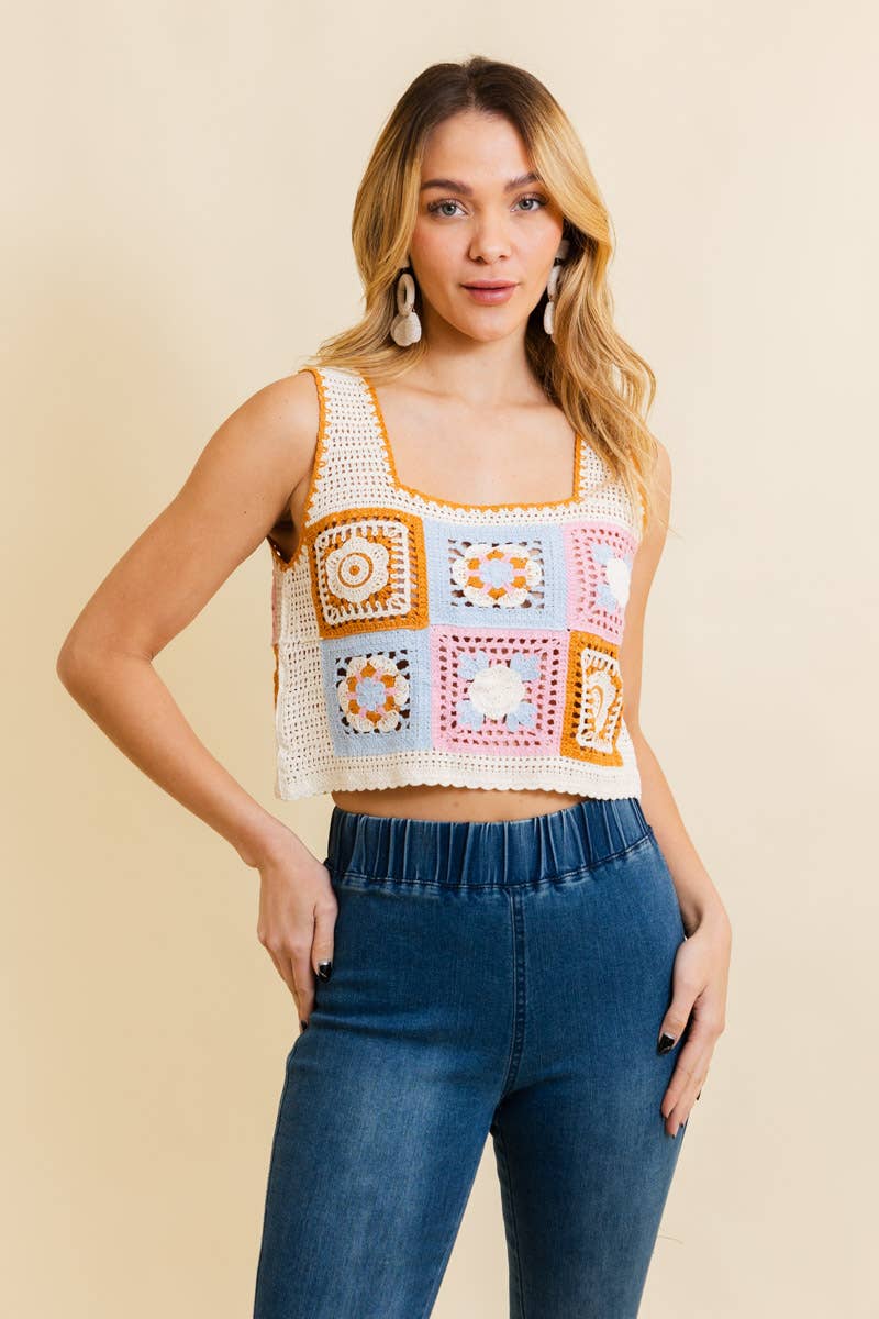 Summer Floral Mosaic Embroidered Crochet Top