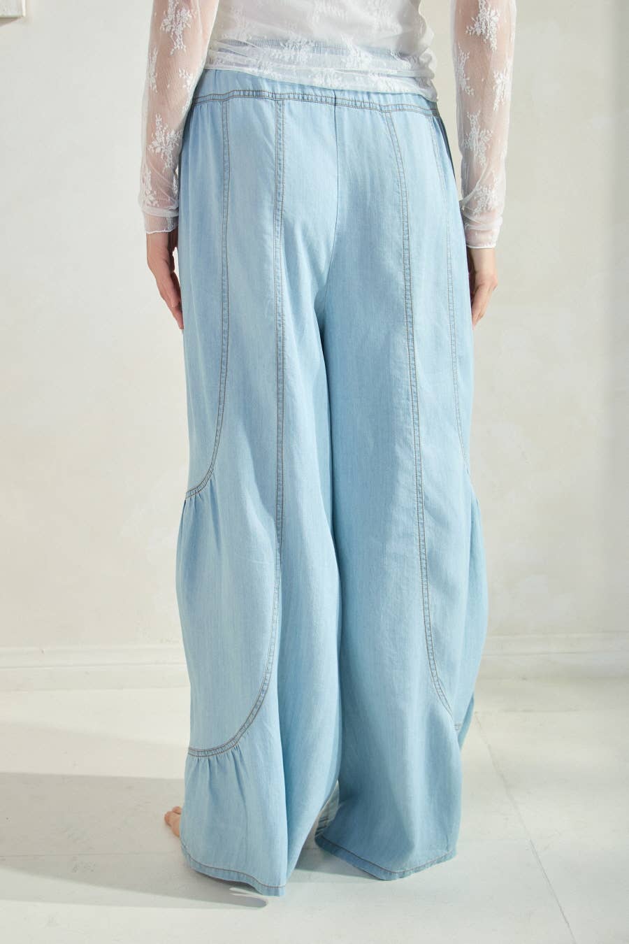 Chambray Denim Wide Palazzo Pants: Washed Dark Chambray / S