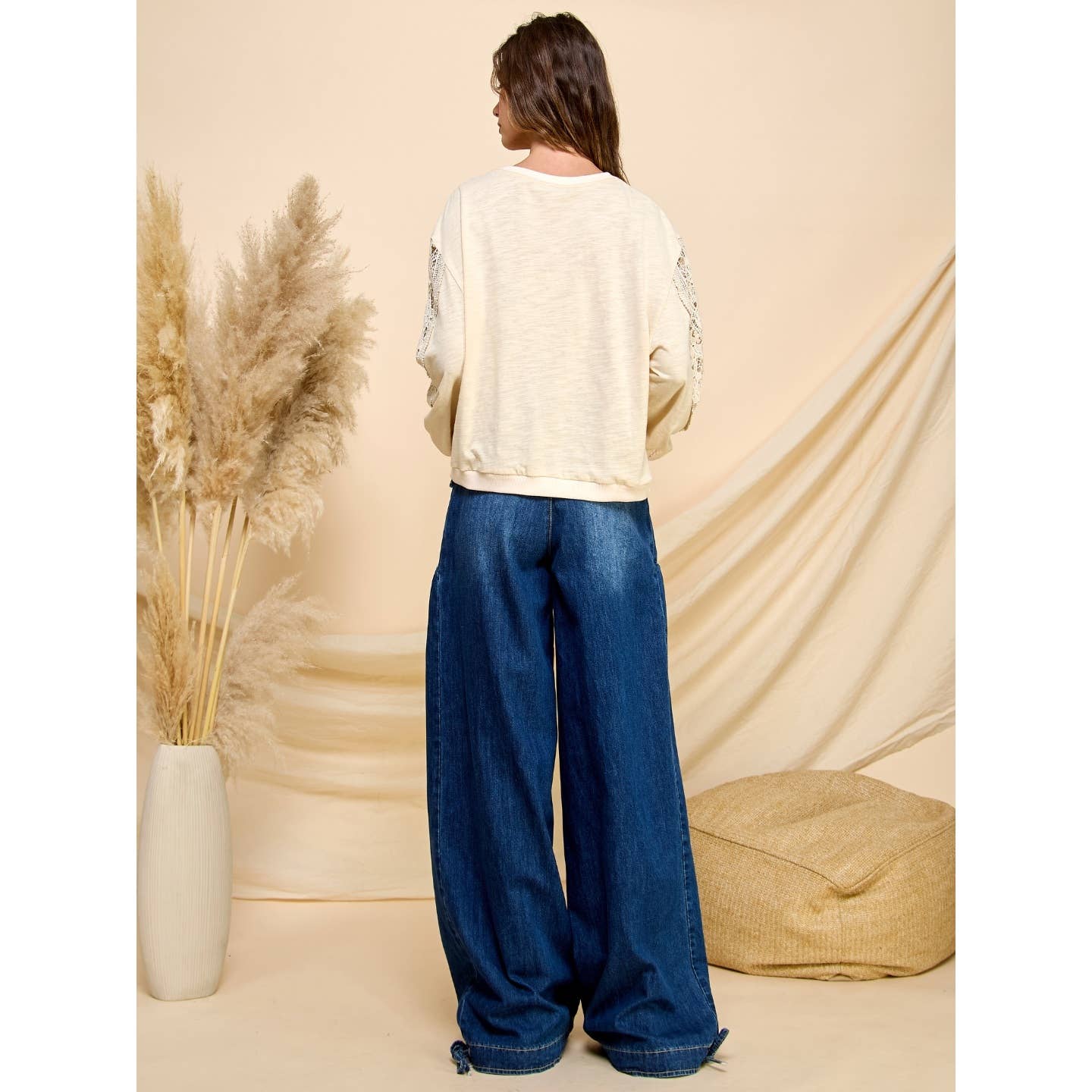 Ankle Drawstring Wide Denim Pants: Dark Wash / M