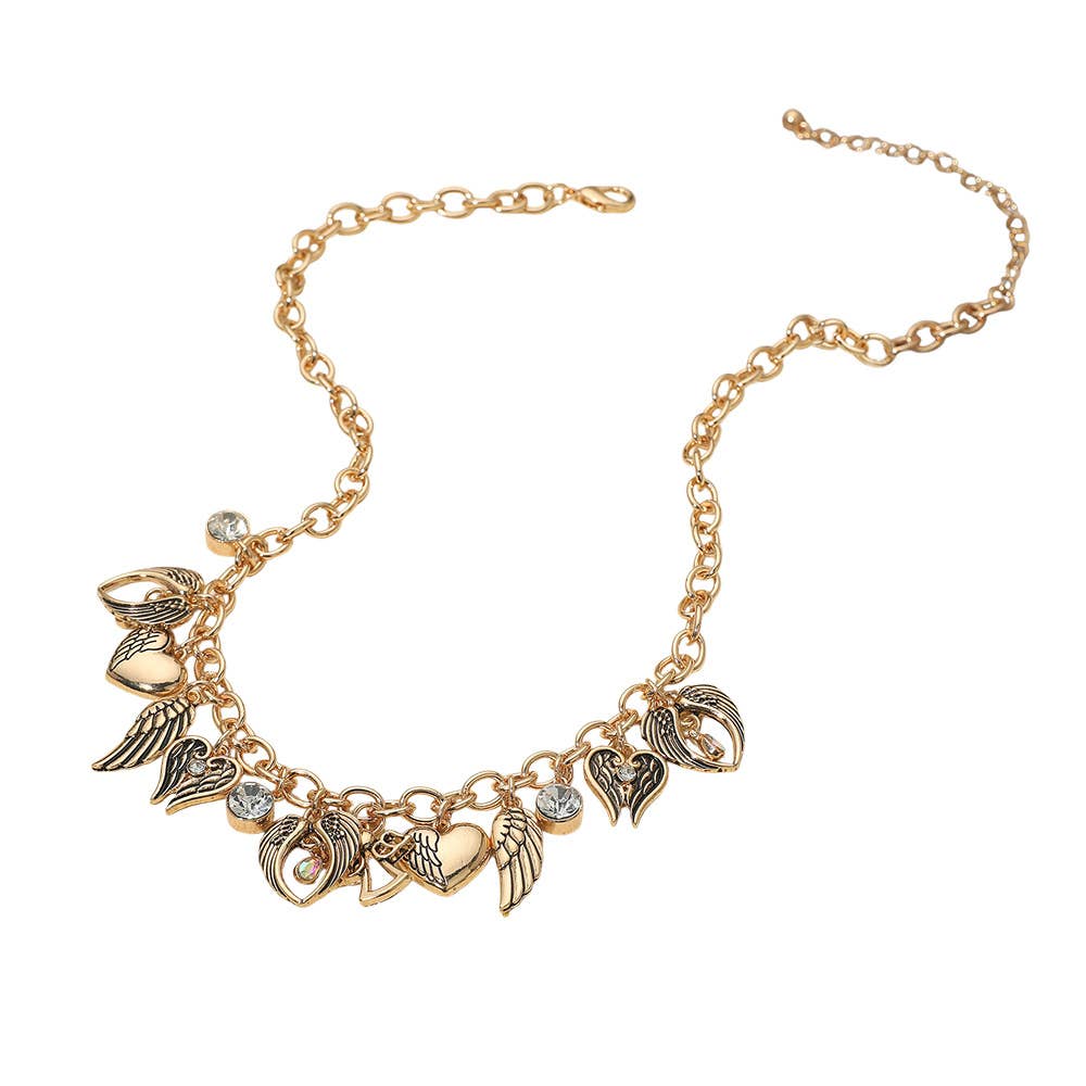 Angel Wing Heart Stone Charm Chain Necklace