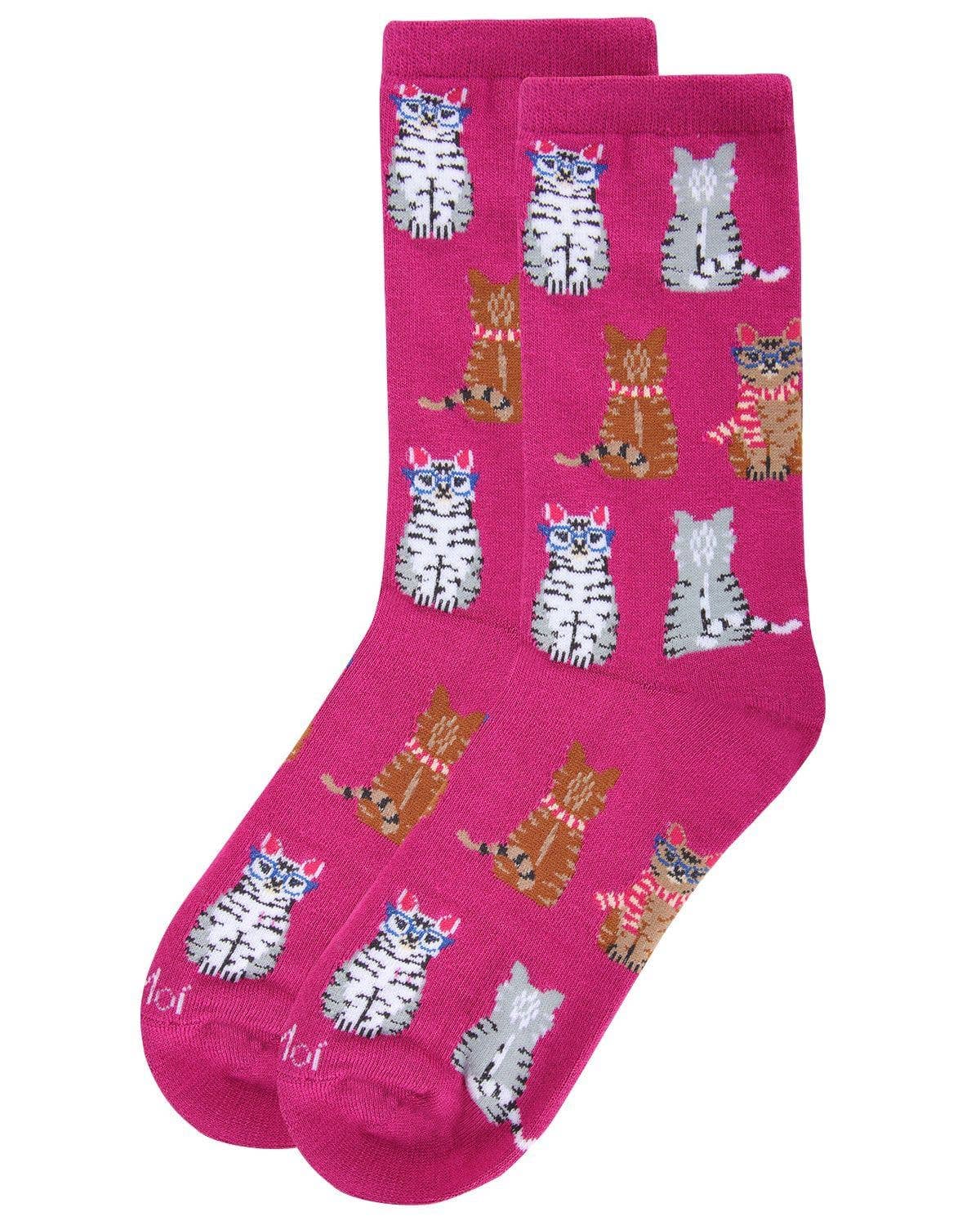 MeMoi Studious Cats Bamboo Blend Crew Socks: Black / 9-11