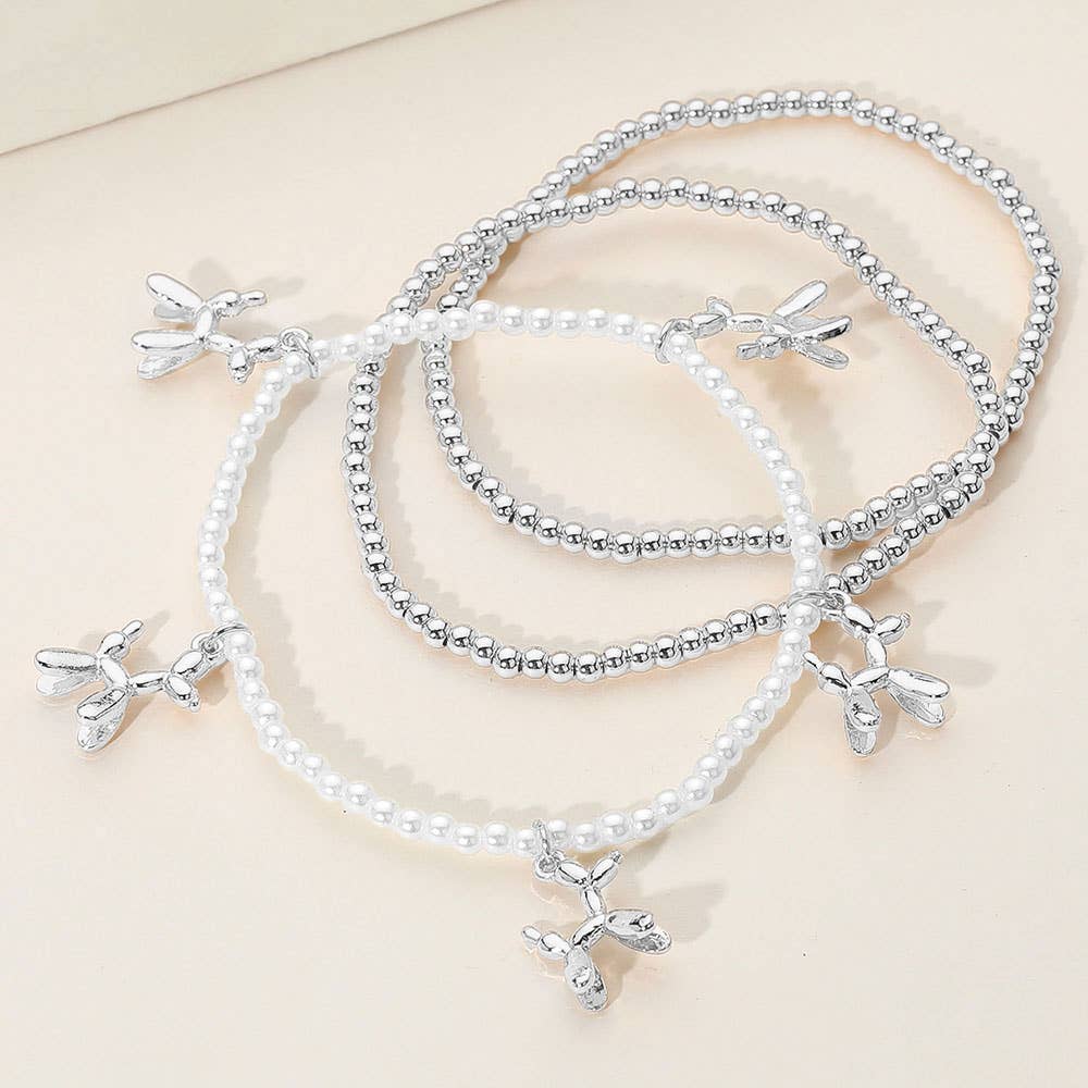 3PCS - Gold Dipped Balloon Dog Charm Metal Ball Pearl Beaded Stretch Multi Layered Bracelets