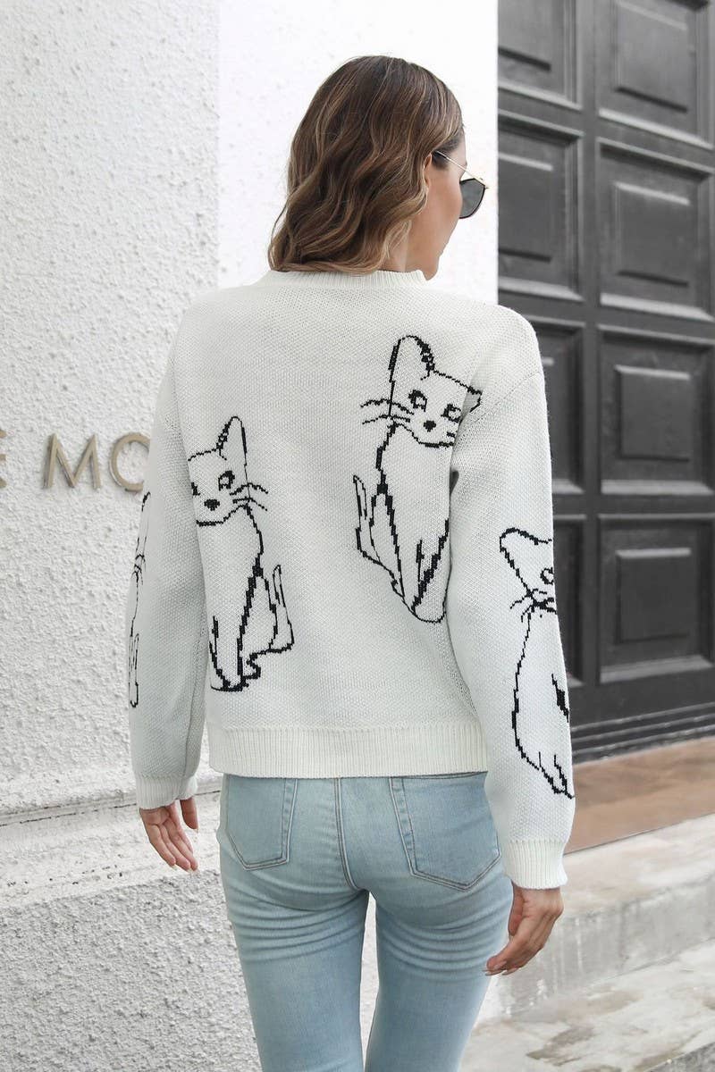 CWOSWL3840_CAT JACQUARD LONG-SLEEVED PULLOVER SWEATER