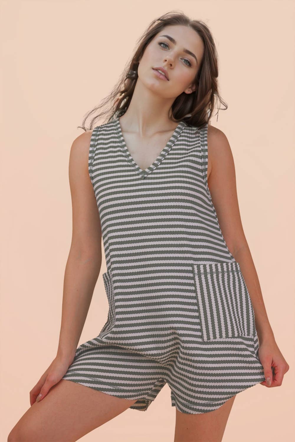 Olive Striped Knit Casual Comfy Romper