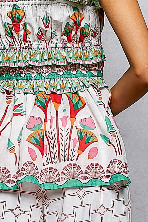 Square Neck Sleeveless Printed Ruffle Dress Woven Top