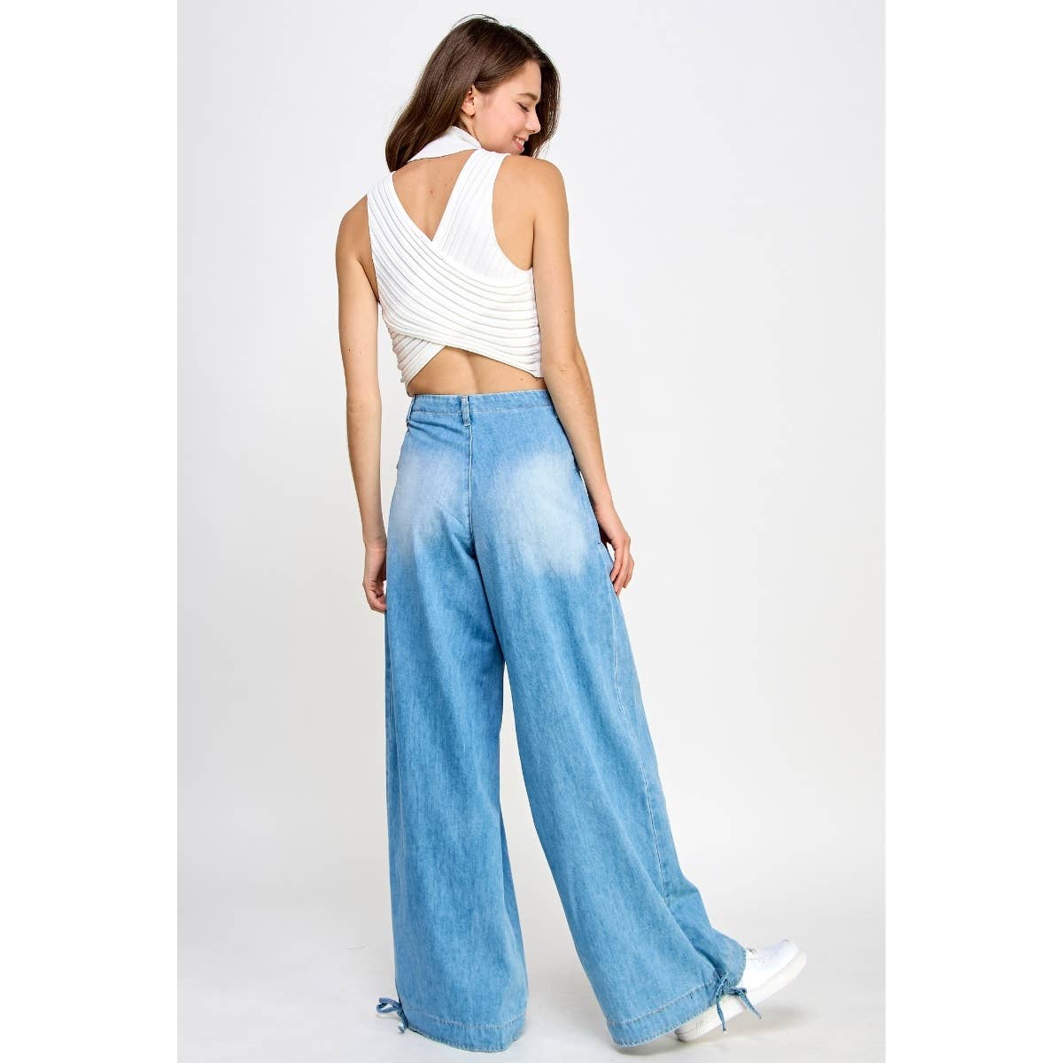 Ankle Drawstring Wide Denim Pants: Dark Wash / M