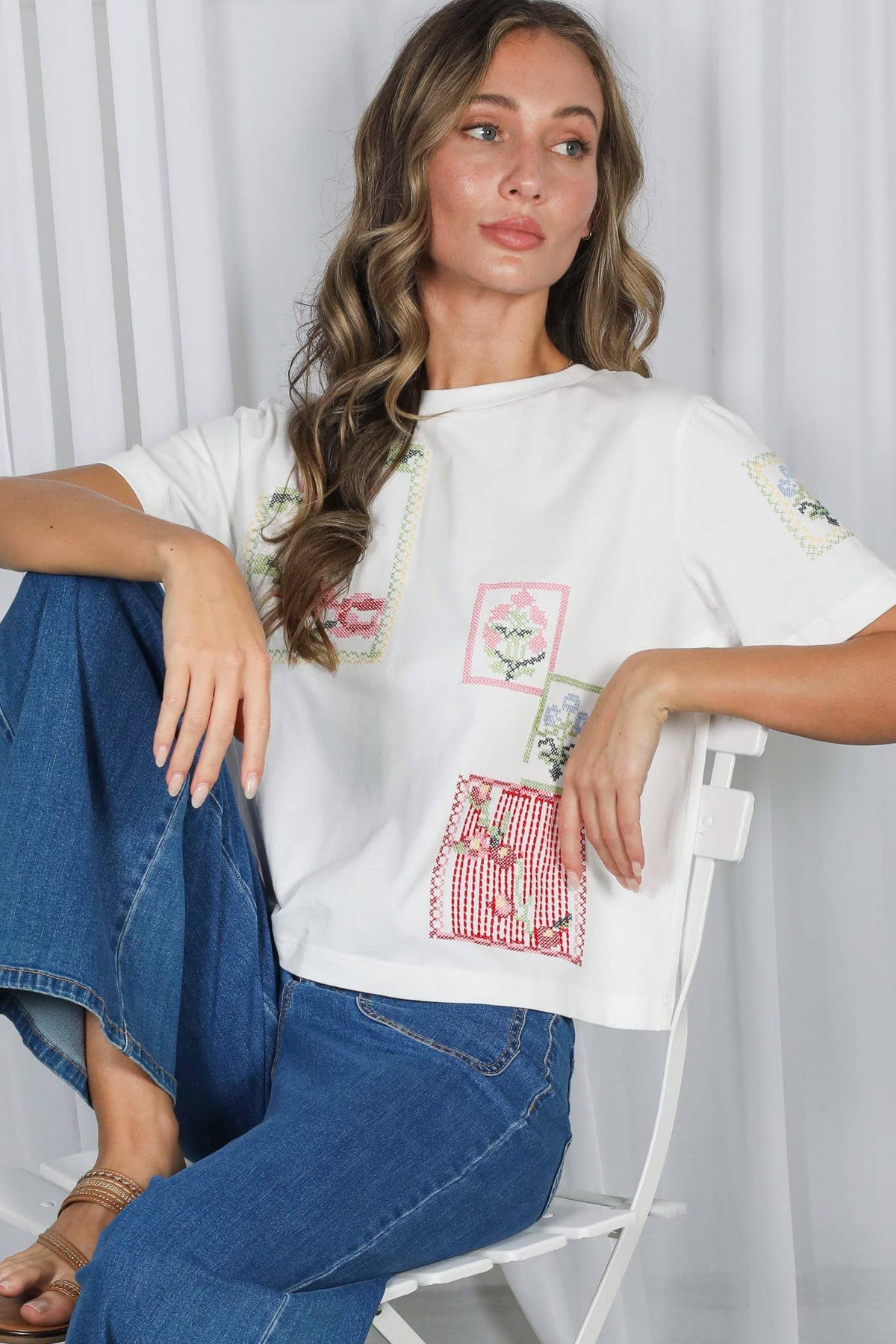 Vine & Love Cross-Stitch Embroidered 100%Cotton Top