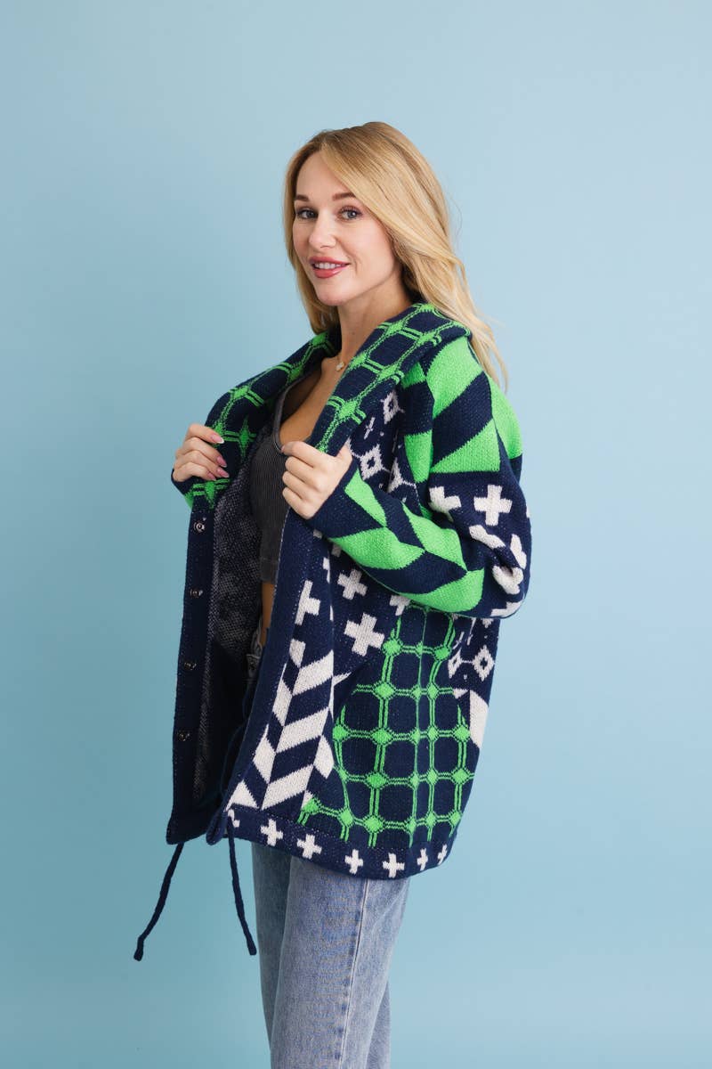 Sierra Spirit Geometric Street Style Knit Cardigan: Black
