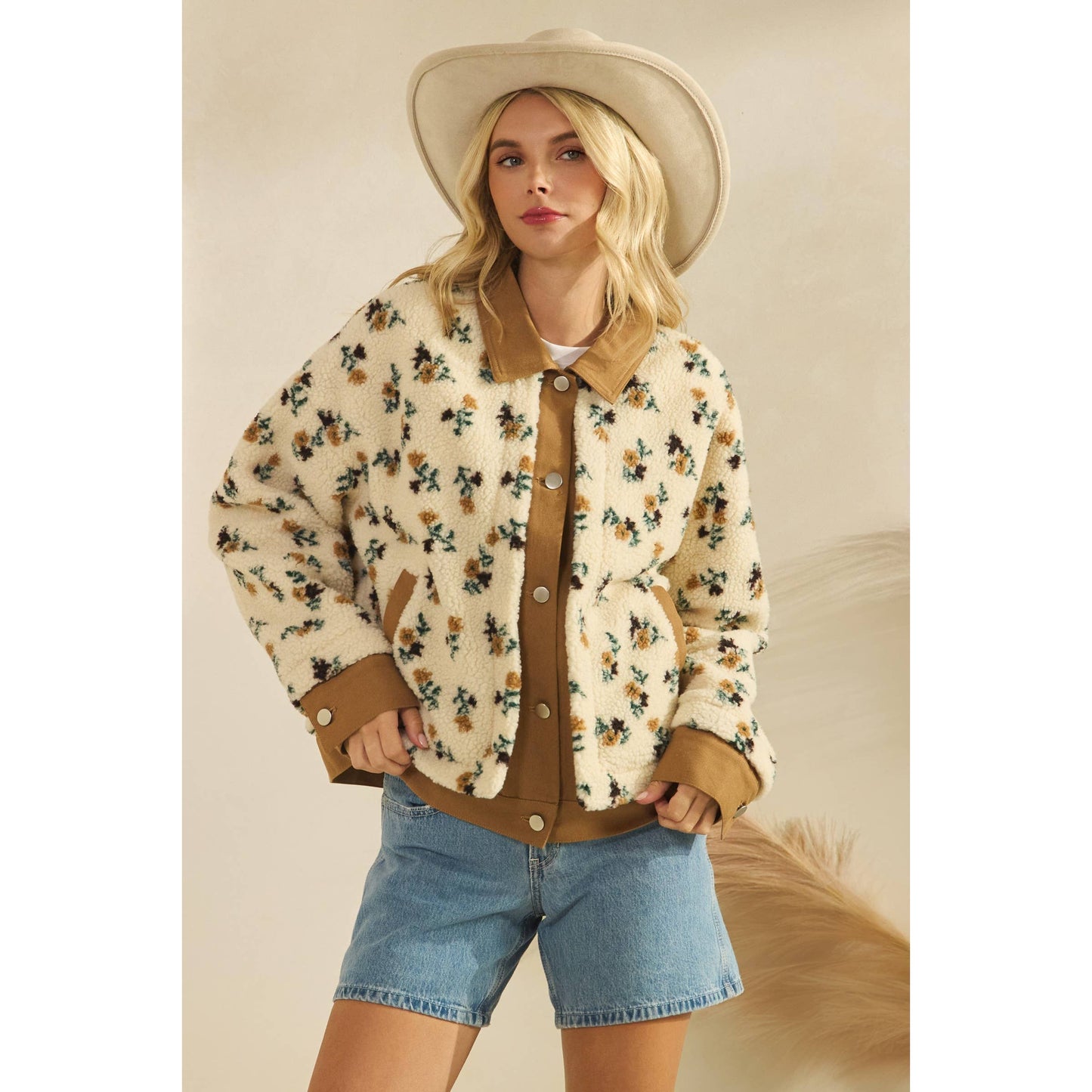 Printed Contrast Button Down Sweater: Brown / S