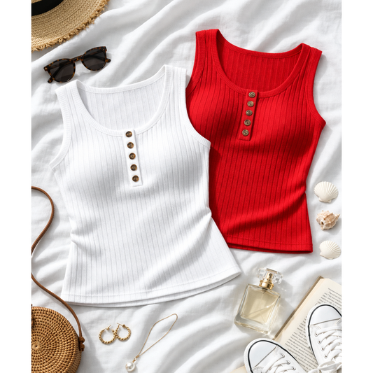 MIXED KNIT TANK TOP WITH BUTTON CLOSURE DETAIL