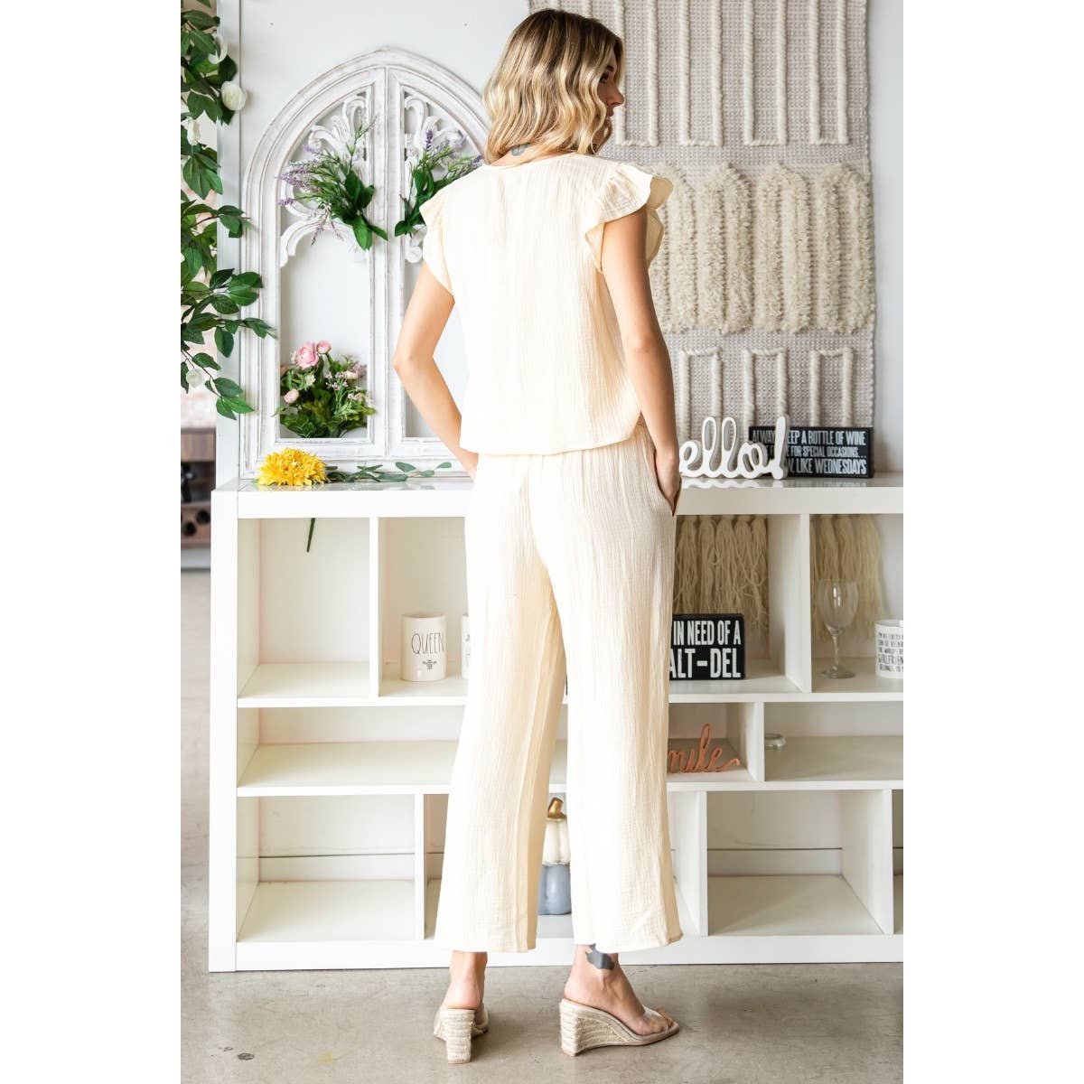Ruffle Sleeve Linen feel Top and Pants Set
