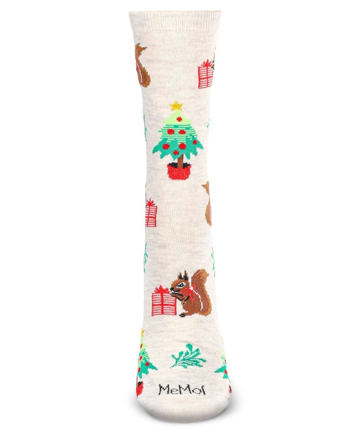 Women's Squirrels Holiday Crew Socks: Oatmeal Heather / 9-11