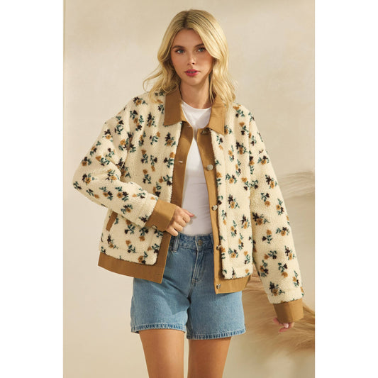 Printed Contrast Button Down Sweater: Brown / M