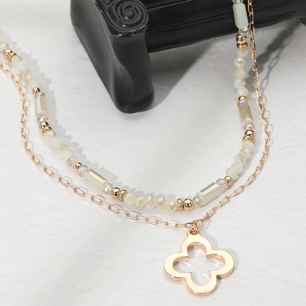 Metal Open Quatrefoil Pendant Faceted Beaded Layered Necklace
