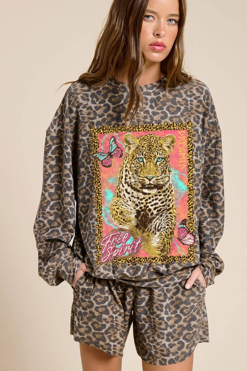 Free Spirit Dreamer Leopard Graphic French Terry Pullover