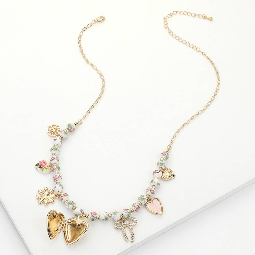 Floral Heart Pearl Heart Locket Charm Station Necklace