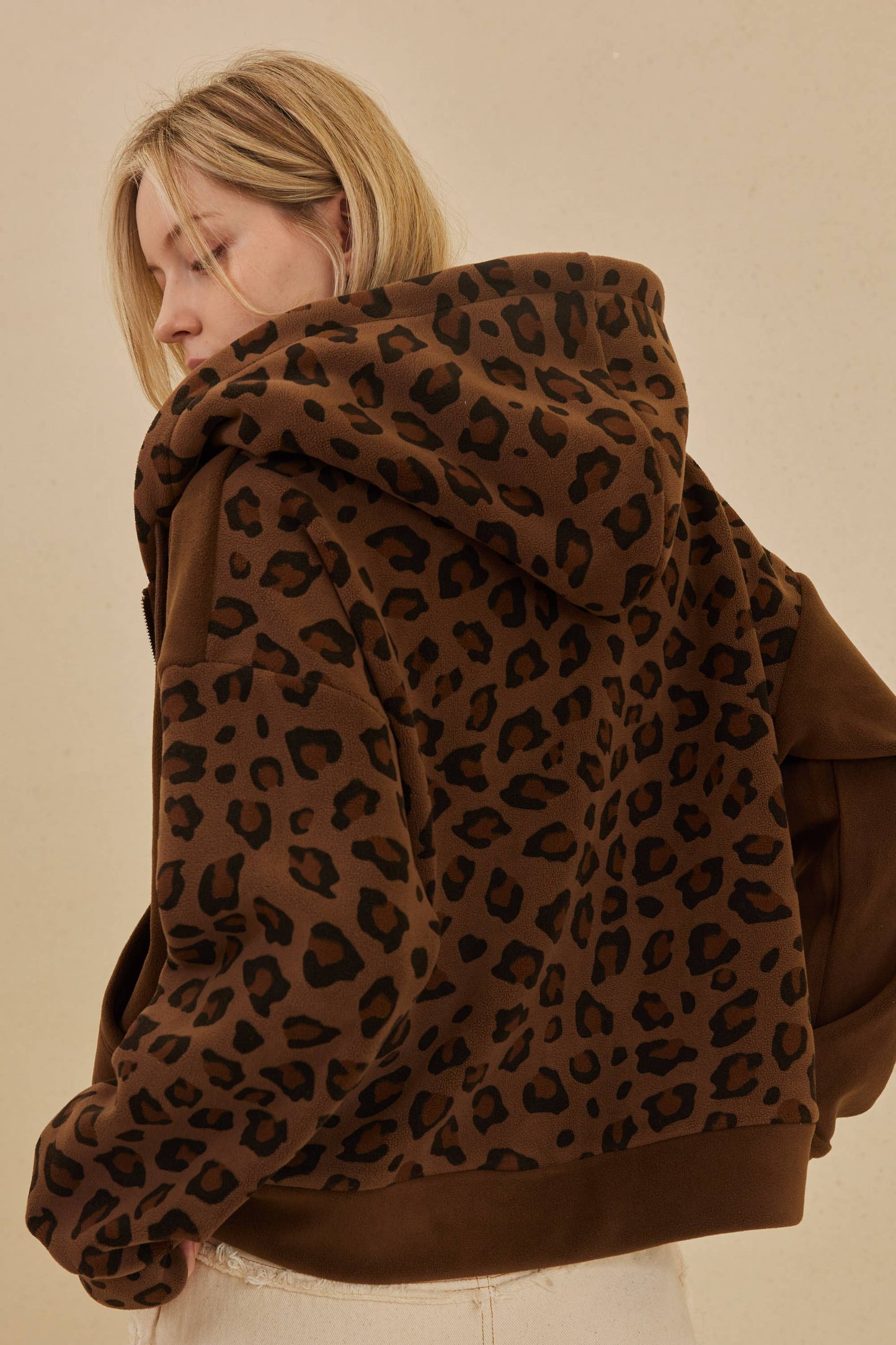 Zip Up hooded Sweatshirt with Leopard Print: Brown / L