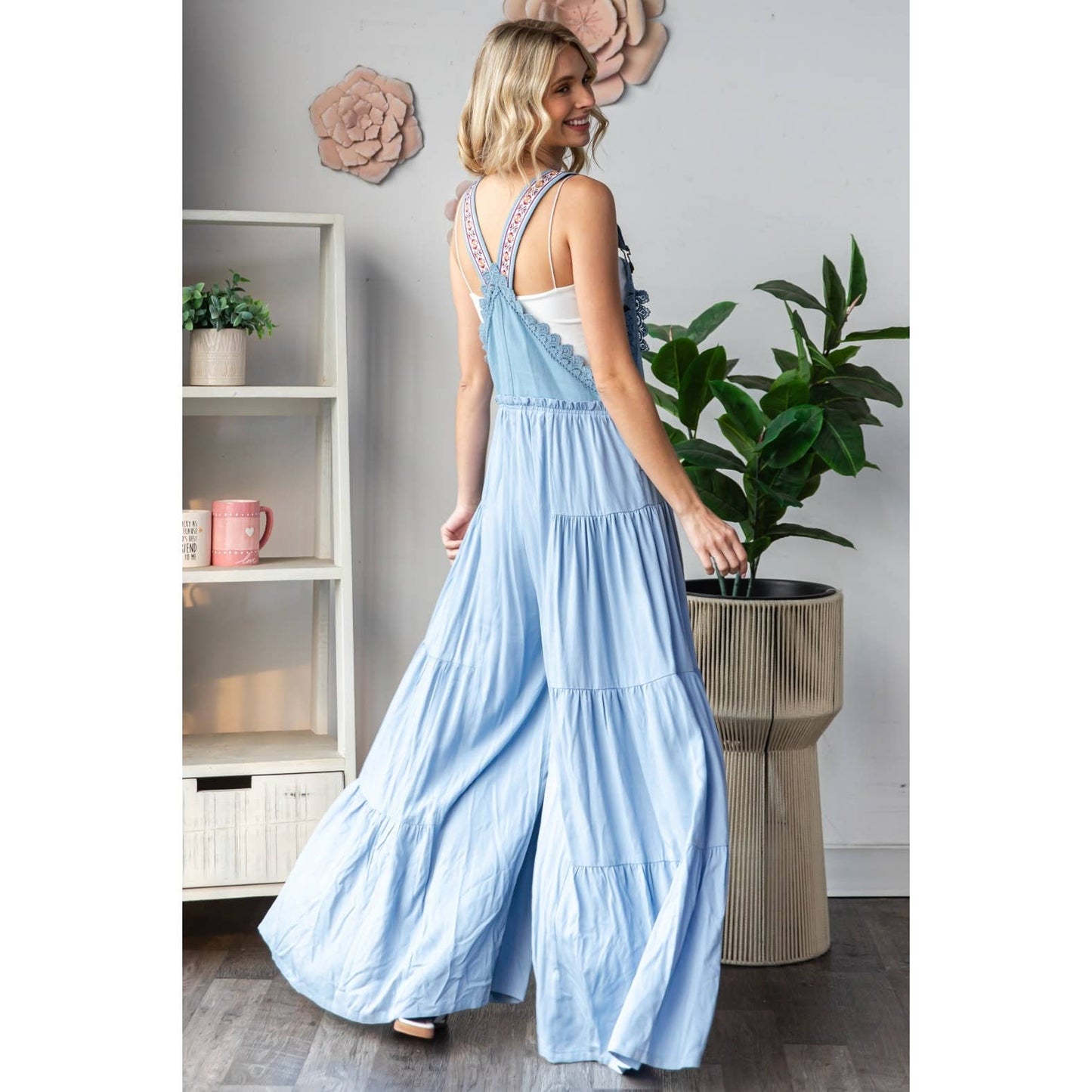 Embroidered Strap Flowy Jumpsuit: Black / M