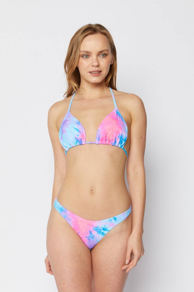Triangle top, bikini, Mesh skirt 3 pcs set-B2707-Dream Pink