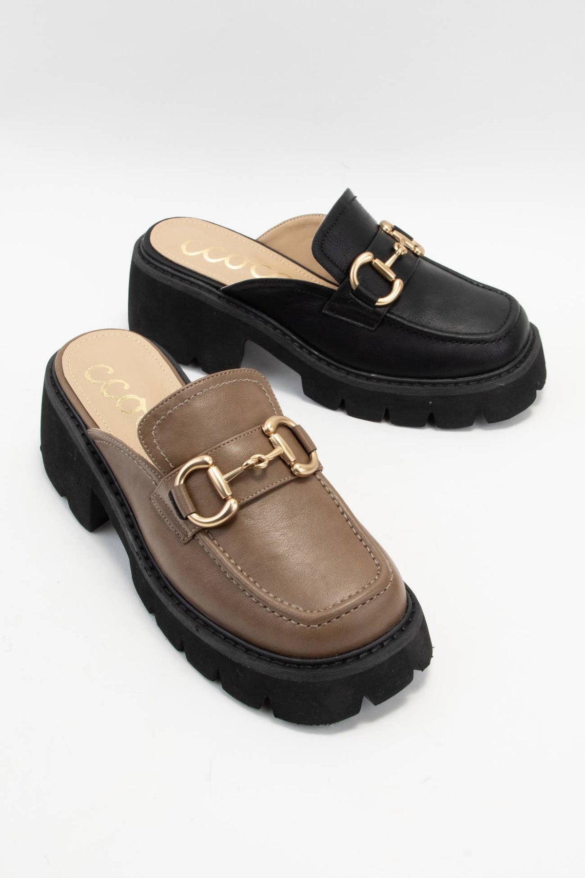 Mocha Chunky Lug Sole Loafer Mules with Horsebit Chain Detail
