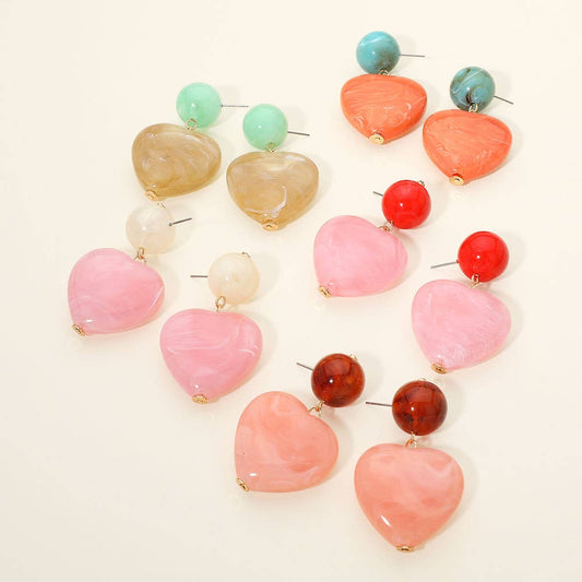 Bold Marbled Resin Heart Drop Statement Earrings