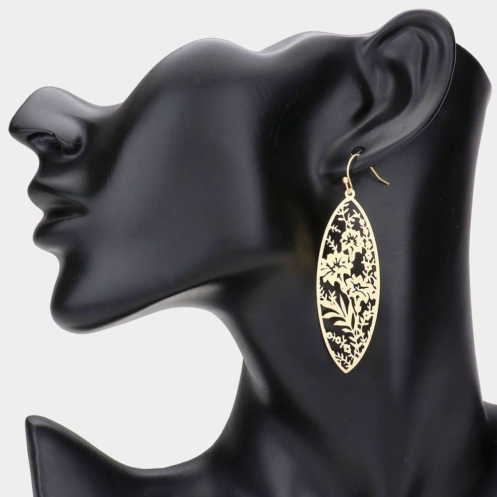 Filigree Flower Leaf Detailed Brass Metal Marquise Dangle Earrings