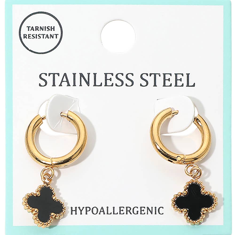 J11. Stainless Steel Quatrefoil Charm Drop Dangle Huggie Hoop Earrings
