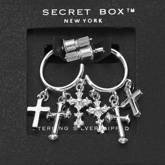 SECRET BOX_Sterling Silver Dipped Cross Charm Hoop Earrings
