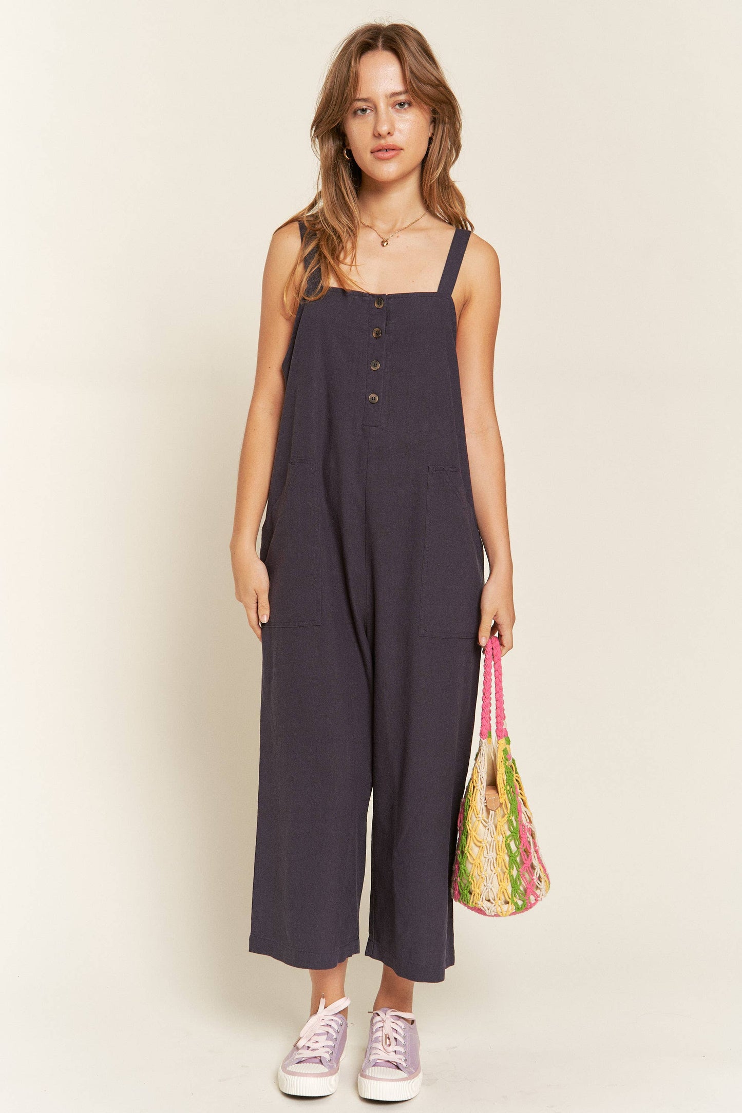LINEN BUTTON UP WIDE LEG JUMPSUIT