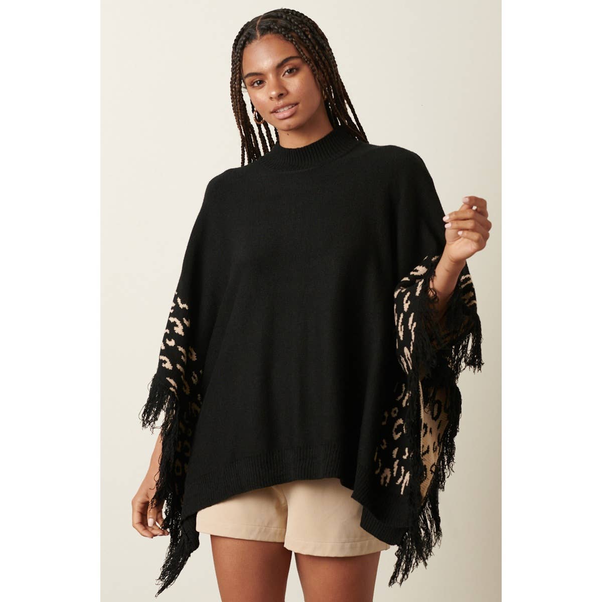 ANIMAL PRINT DETAIL TASSEL OVERSIZED PONCHO