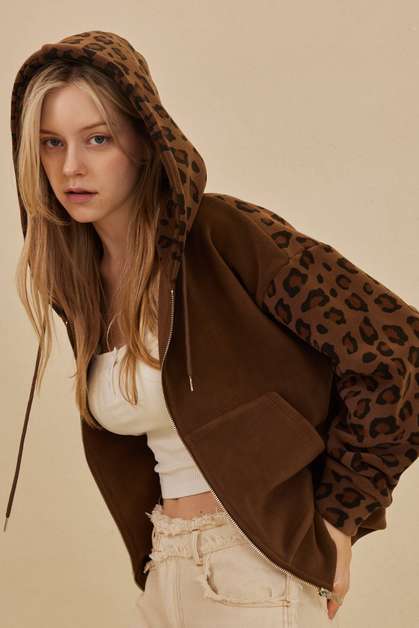 Zip Up hooded Sweatshirt with Leopard Print: Brown / L