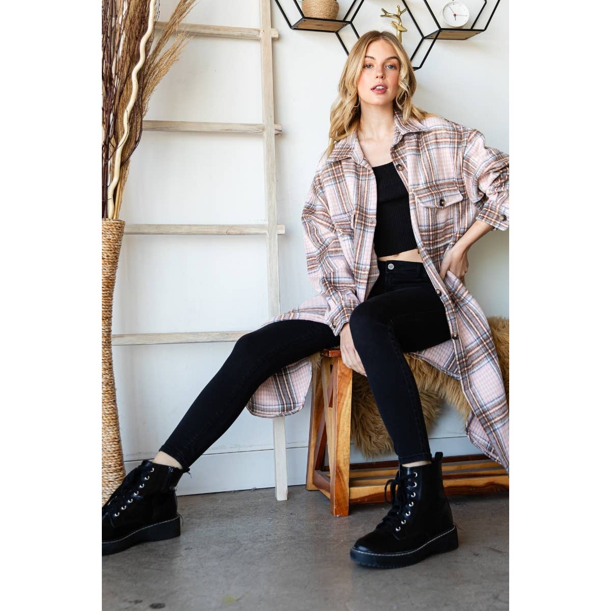 Wool Mix Plaid Checker Longline Shacket: Pink Combo / M