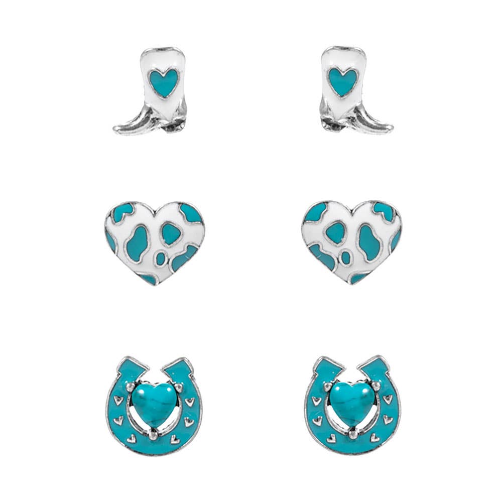 3Pairs - Western Heart Boot Horseshoe Stud Earring Set