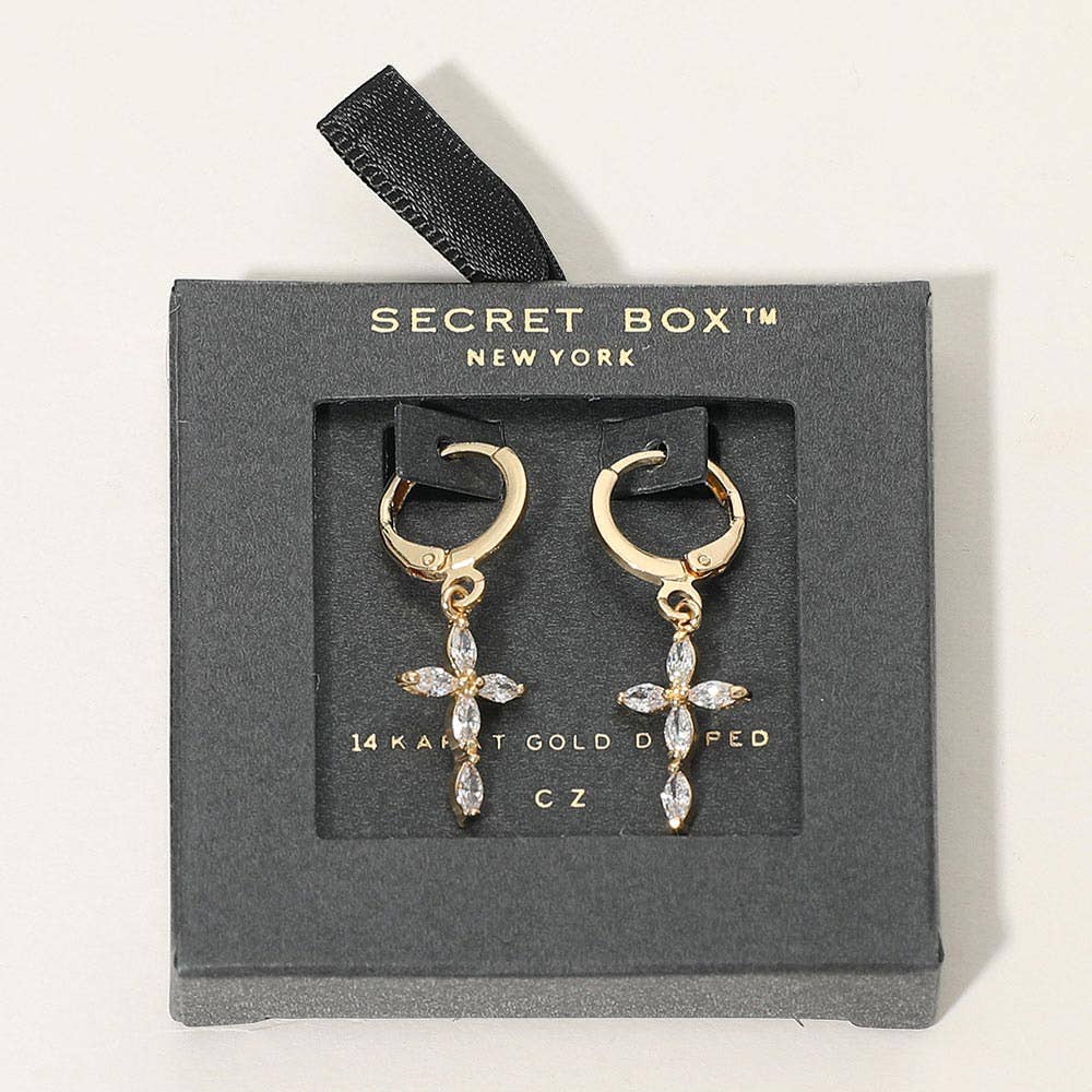 J6. SECRET BOX_14K Gold Dipped Marquise CZ Cross Charm Drop Huggie Hoop Earrings