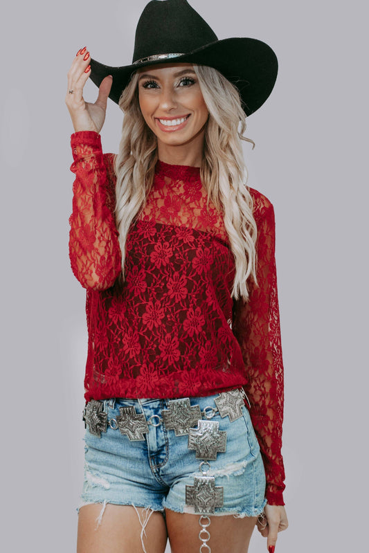 MK570BG Flower Lace Top: Burgundy / 3XL