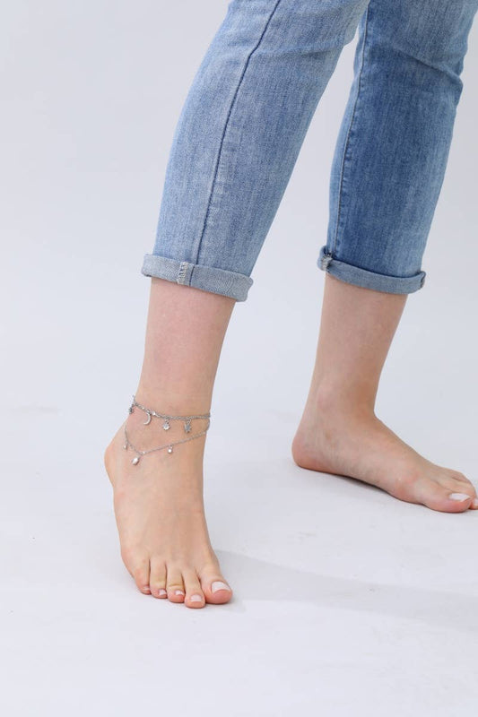 Celestial Charm Layered Anklet - Sparkling Star & Moon Dangl: Silver