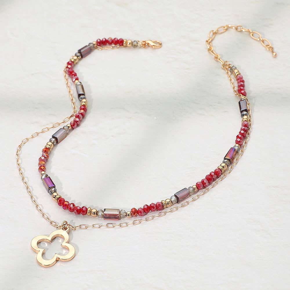 Metal Open Quatrefoil Pendant Faceted Beaded Layered Necklace