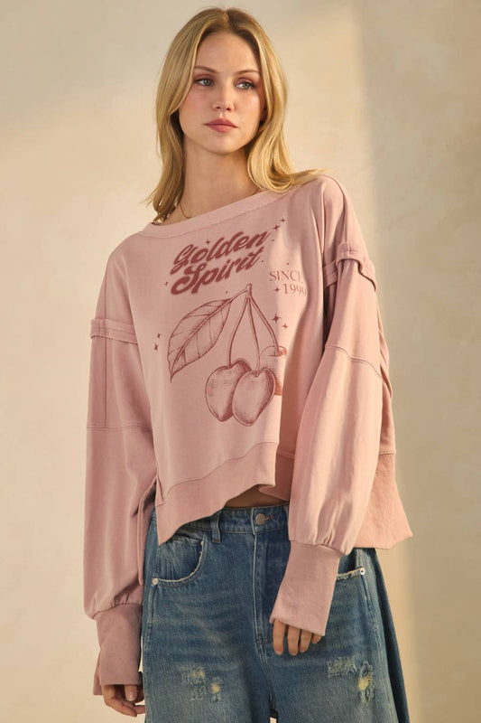 Acid Washed French Terry Cropped Sweatshirt: Washed Blush / L